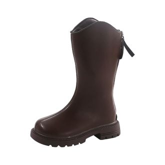 Generic Size 12.5 Girls Knee High Combat Boots Mid Calf Faux Leather Zipper Low Heel Boot Shoes Western Tall Boot Dress Shoes for Toddler Little Kid Big Kid B