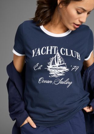 Kangaroos T-Shirt KANGAROOS, Damen, Gr. 32/34, blau (marine, wei&szlig;), Single Jersey, Obermaterial: 100% Baumwolle, bedruckt, unifarben, Basic h&uuml;ftlang, Rundhals, 