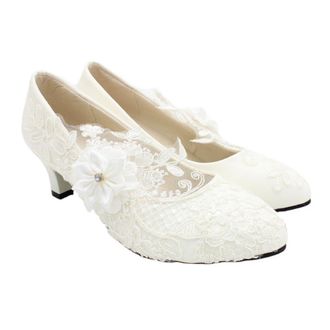 Supvox White Lace Wedding Shoes for Women, 5cm Middle-Heel Romantic Bridal Footwear, Square Heel Female Party Shoes Size 41
