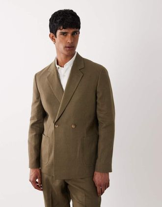 Asos Premium - Giacca da abito regular 100% lino verde oliva-Rosso