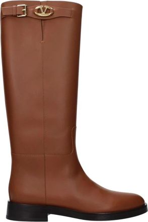 Valentino Garavani Bruine Leren Laarzen met Logo Gesp - Dames - Hoge Laarzen - Bruin - 41 EU - Leer - Schoenen