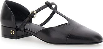 Ferragamo lainette Black Ballet Shoes With T-strap And Round Toe In Leather Woman
