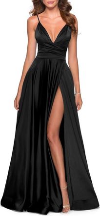La Femme Long Satin Dress with Side Slit and V Shaped Back in Black at Nordstrom, Size 14