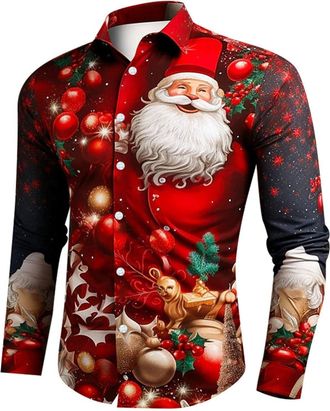 Generic Mens Christmas Reindeer 3D Print Shirt Long Sleeve Button Up Casual Shirt Fun Festive Holiday Party Shirt with Button Down Collar for Christmas Outfit