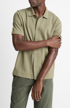 Vince Short Sleeve Jacquard Cotton Knit Button-Up Shirt in Sage/Sycamore at Nordstrom, Size X-Large