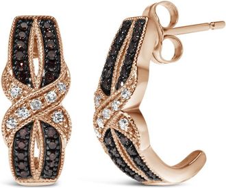 House of Brilliance 10K Rose Gold 1/3 Cttw White and Brown Diamond Milgrain Criss Cross J-Hoop Earrings