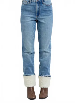 Judy Blue High Waist Shearling Cuff Straight Leg Jeans In Blue