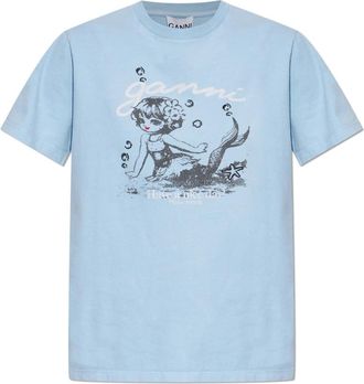 Ganni T-shirt met print - Dames - T-shirts - Blauw - M - Katoen - Tops