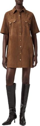AllSaints Rock Western Leather Mini Shirtdress in Sugar Brown at Nordstrom, Size 12 Us