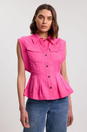 Karen Millen Womens Premium Viscose Linen Topstitch Woven Blouse With Waist Seam Detail - Pink - Size 10 UK