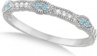 Allurez Vintage Stacking Diamond & Aquamarine Ring Band 14k White Gold (0.15ct)