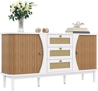 STILVORA Aparador Con 2 Puertas, 3 Cajones De Rat&aacute;n Y Estantes Regulables, Bordes Redondeados, 140,5&times;40&times;76 Cm, Blanco