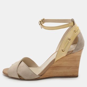 Tod's Tods Grey Suede And Patent Leather Wedge Ankle Strap Sandals