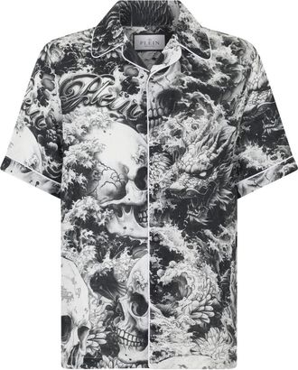 Philipp Plein Linnen Bowling Shirt All-Over Ceramic - Heren - Korte mouwen Overhemden - Zwart - S - Linnen - Overhemden