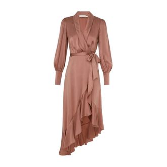 Zimmermann Party Dresses, female, Pink, Size: XS Pink wrap midi dress with puff sleeves