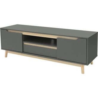 ML Design Mobile tv 140x40x46 cm Verde-Naturale Tavolo tv con 2 Ante Cassetto Ripiano Piedini in Legno di Pino Design Naturale Armadietto Tavolino Porta tv per