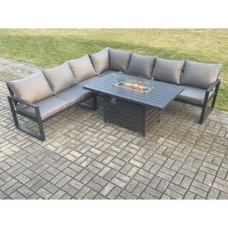 Fimous Aluminium 6 Pieces Garden Furniture Corner Sofa Set with Cushions Gas Fire Pit Dining Table Set Gas Heater Burner Dark Grey - Fimous
