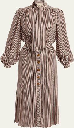 Valentino Garavani Striped Neck-Scarf Balloon-Sleeve Midi Shirtdress