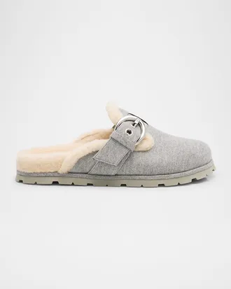 Stuart Weitzman Chrystie Shearling-Lined Flannel Mules