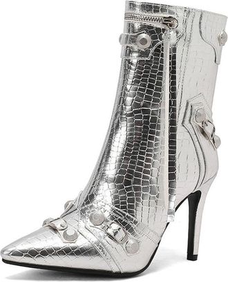 Generic Womens Pointed Toe Stiletto Heels Ankle Boots Rivets Zipper Fashion Winter Motorcycle Shoes (5.5,Silver)