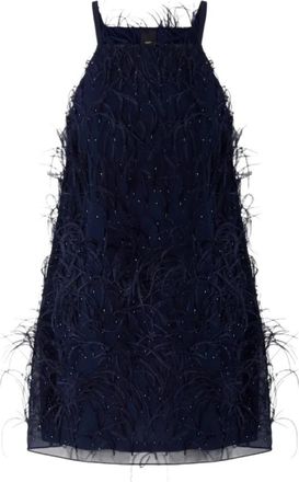 Pinko Korte Geborduurde Jurk met Veren en Parels - Dames - Feestkleedjes - Blauw - M - Polyester - Kleedjes