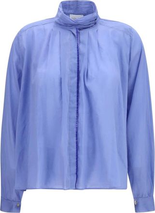 Forte_Forte Blouse met hoge hals en plooien - Dames - Blouses & Shirts - Blauw - Maat: L Katoen