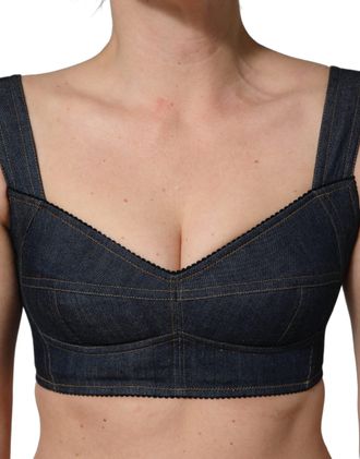 Dolce & Gabbana Womens Black Denim Corset Bralette Cotton Cropped Top Elastane Nylon