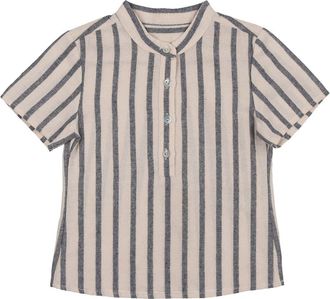 Maniere Stripe Band Collar Popover Shirt in Navy at Nordstrom, Size 18M