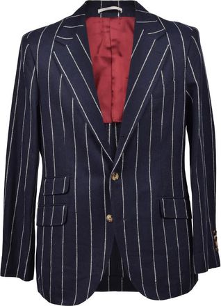 Brunello Cucinelli Navy Linen Blend Striped Suit, Brand Size 46 (US Size 36)