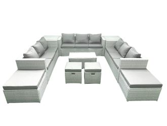 Fimous 10 Pieces Rattan Garden Furniture Set Outdoor Garden Sofa Coffee Table Set with 2 Side Tables 4 Footstools Light Grey Mixed