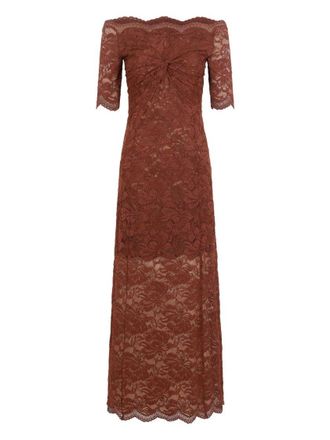 Paco Rabanne Off-The-Shoulder Brown Midi Dress With Twisted Knot Detail