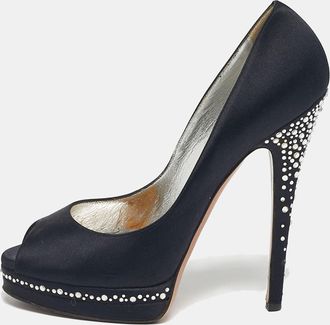 Casadei Black Satin Crystal Embellished Peep Toe Pumps
