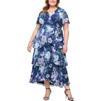 S.L. Fashions Floral Chiffon Dress in Blue/Multi at Nordstrom, Size 14W
