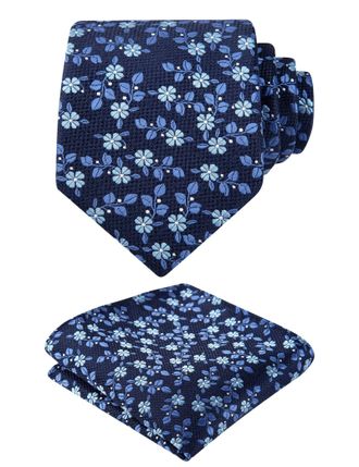 Alizeal Mens Floral Patterned Necktie and Pocket Square Elegant Classic Tie Set, Navy+Blue