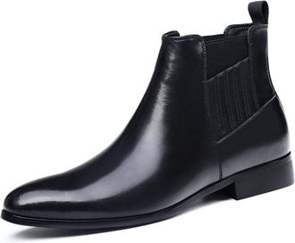 Generic Mens Pull on Chelsea Ankle Boots Flat Heel Short Boots Pointed Toe PU Leather Office Dress Shoes,Black,5.5 UK