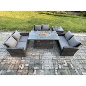 Fimous Outdoor Garden Dining Sets 6 Seater Rattan Patio Furniture Sofa Set with Gas Firepit Table Double Seat Sofa Side Table Dark Grey Mixed - Fimous
