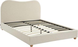 Sweeek Cama con somier y cabecero, acabado borreguito, blanco