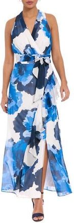 London Times Floral Halter Tie Belt Maxi Sheath Dress in Soft White/Bright Blue at Nordstrom Rack, Size 14P