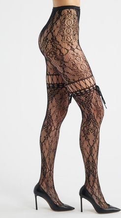 High Heel Jungle Chevonne Satin Ribbon Lace Fishnet Tights in Black at Nordstrom
