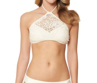 Jessica Simpson Flower Power Crochet High Neck Halter Bikini Top In Vanilla
