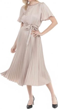 Joseph Ribkoff Pleated Satin Midi Fit And Flare Dress In Sand