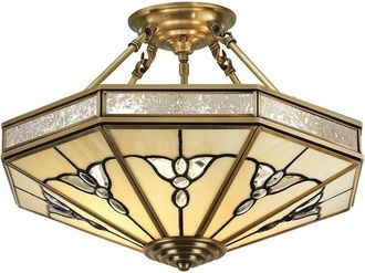 Loops Luxury Semi Flush Ceiling Light Antique Brass & Tiffany Stained Glass Pattern