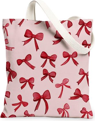 Generic Vintage Peach Bows Canvas Tote Bags, Elegant Ribbon Pattern Reusable Grocery Bags, Lightweight Washable Shoulder Strap Canvas for Shopping Travel Beac