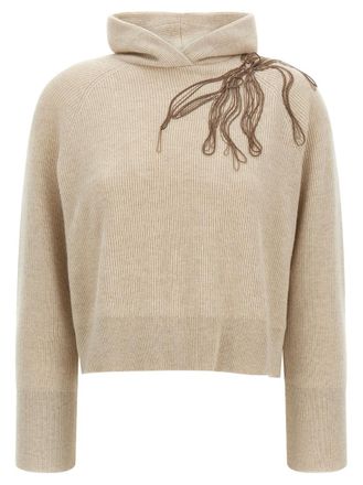 Brunello Cucinelli Beige Shiny Flower Embroidery sweater