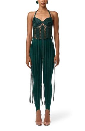 Naked Wardrobe Fringe Halter Top in Jade at Nordstrom, Size X-Small
