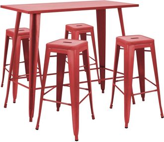 Oviala Mesa alta de jard&iacute;n y 4 taburetes de metal rojo