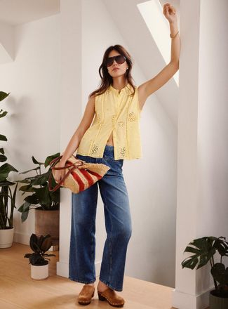 Contemporaine Womens Patch-pocket medium-indigo stretch jean Fit: Wide leg, high rise