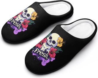 Generic Fresh Graffiti Skull Flower Mens Soft Cotton Slippers with Memory Foam Anti-skid House Shoes for Travel Indoor Outdoor