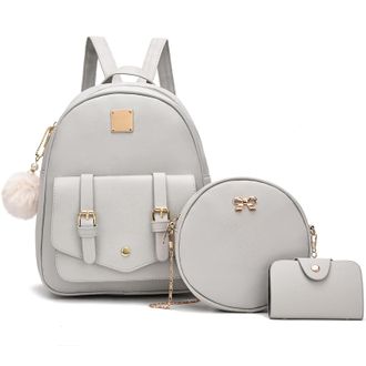 I Ihayner Womens 3 Piece Fashion Leather Backpack Set Mini Backpack Handbag Rucksack Satchel Shoulder Bag for Ladies Grey