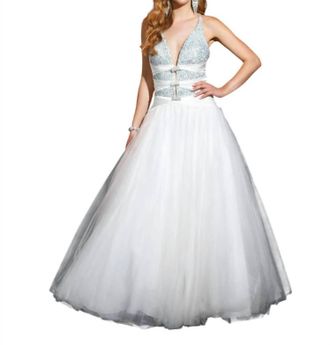 Terani Couture Plunging Beaded Prom Dress In Aqua